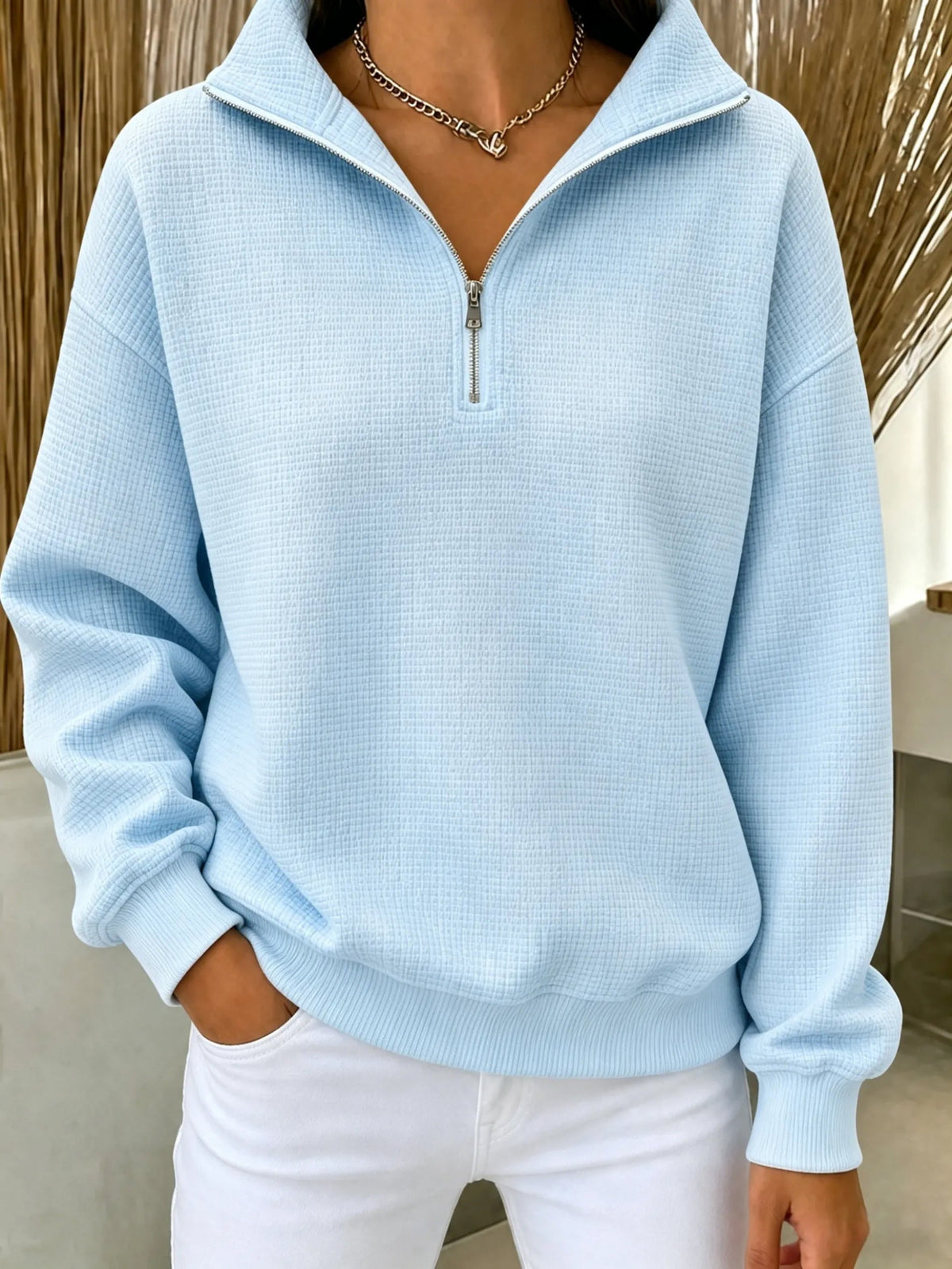 Waffle-knit zip-up sweatshirt