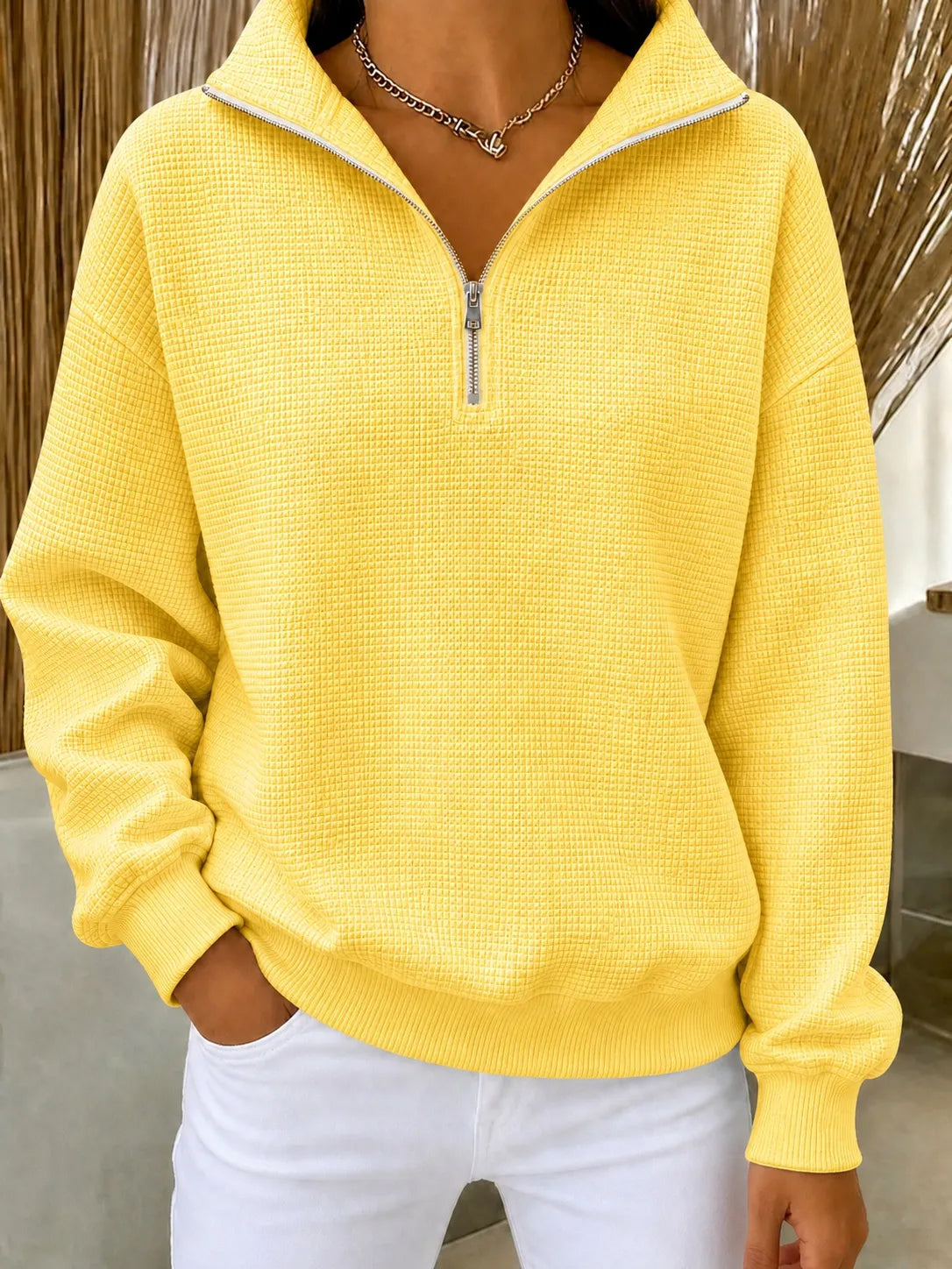 Waffle-knit zip-up sweatshirt