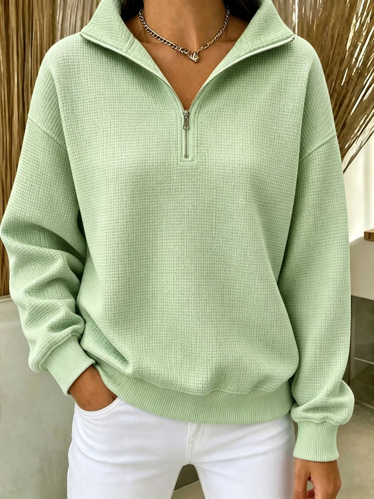 Waffle-knit zip-up sweatshirt