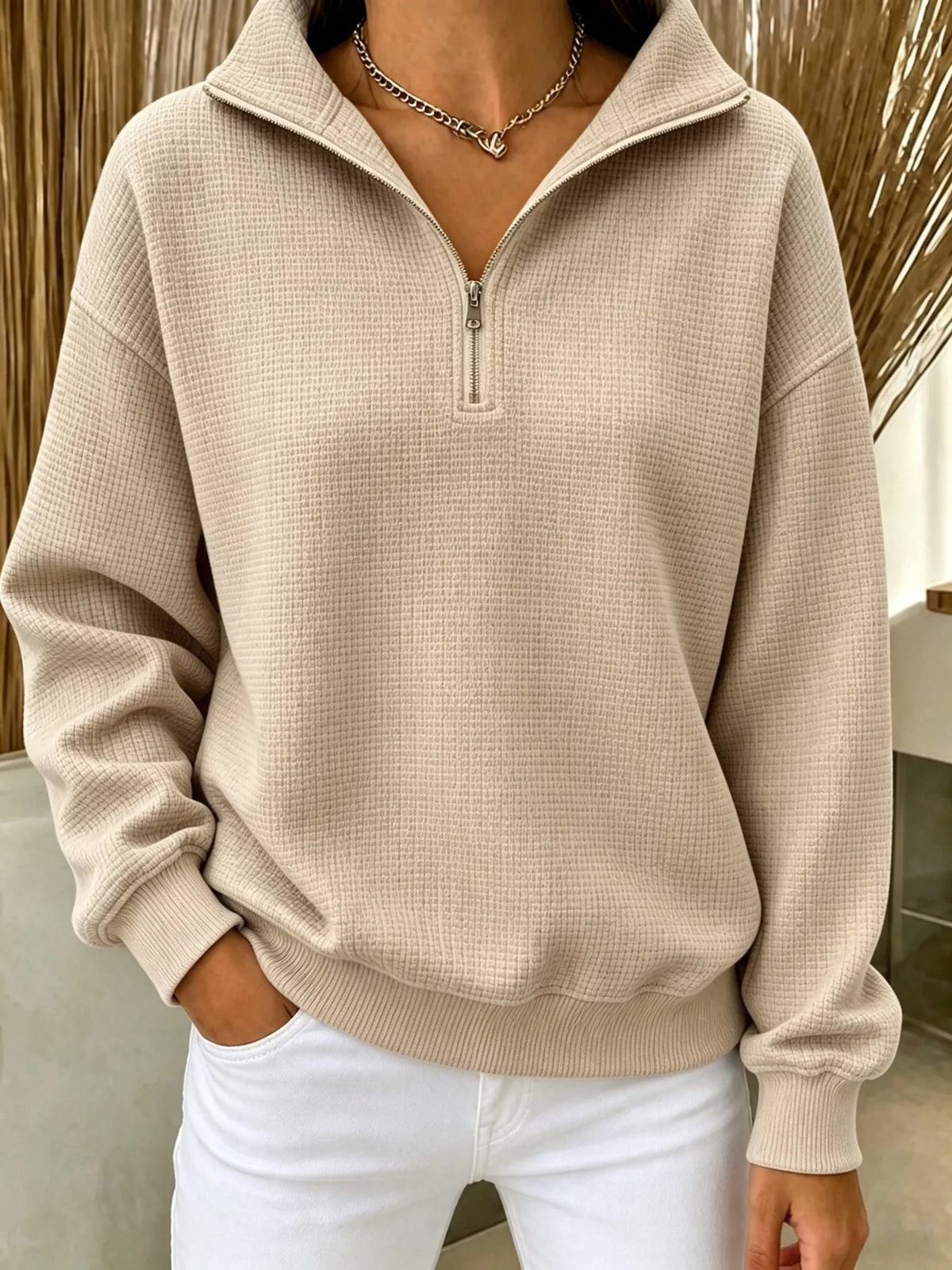 Waffle-knit zip-up sweatshirt