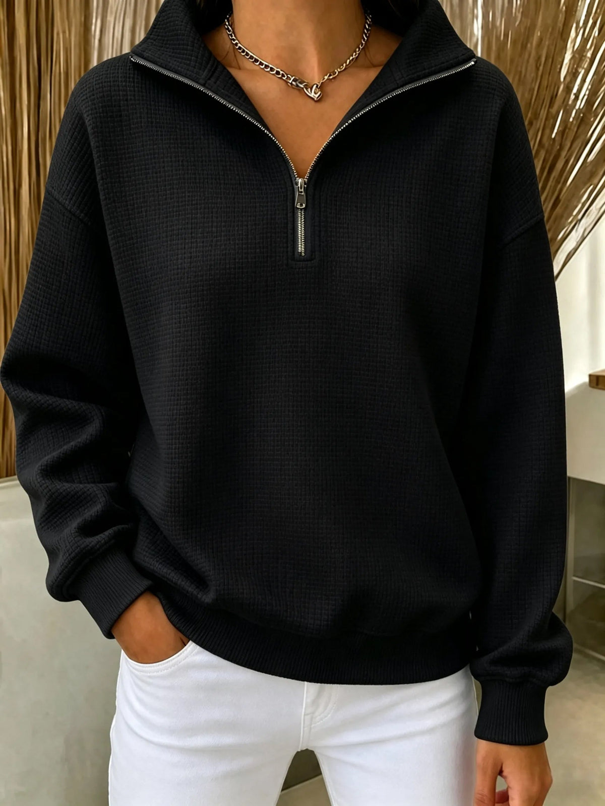 Waffle-knit zip-up sweatshirt