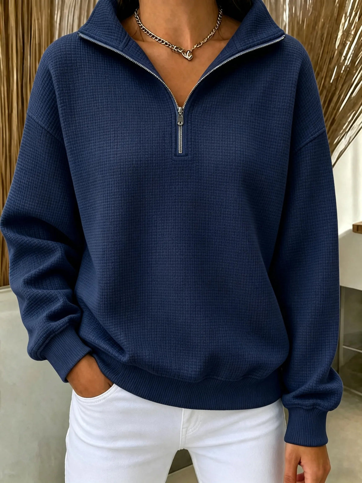 Waffle-knit zip-up sweatshirt