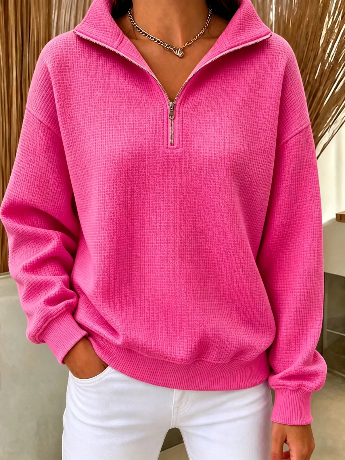 Waffle-knit zip-up sweatshirt