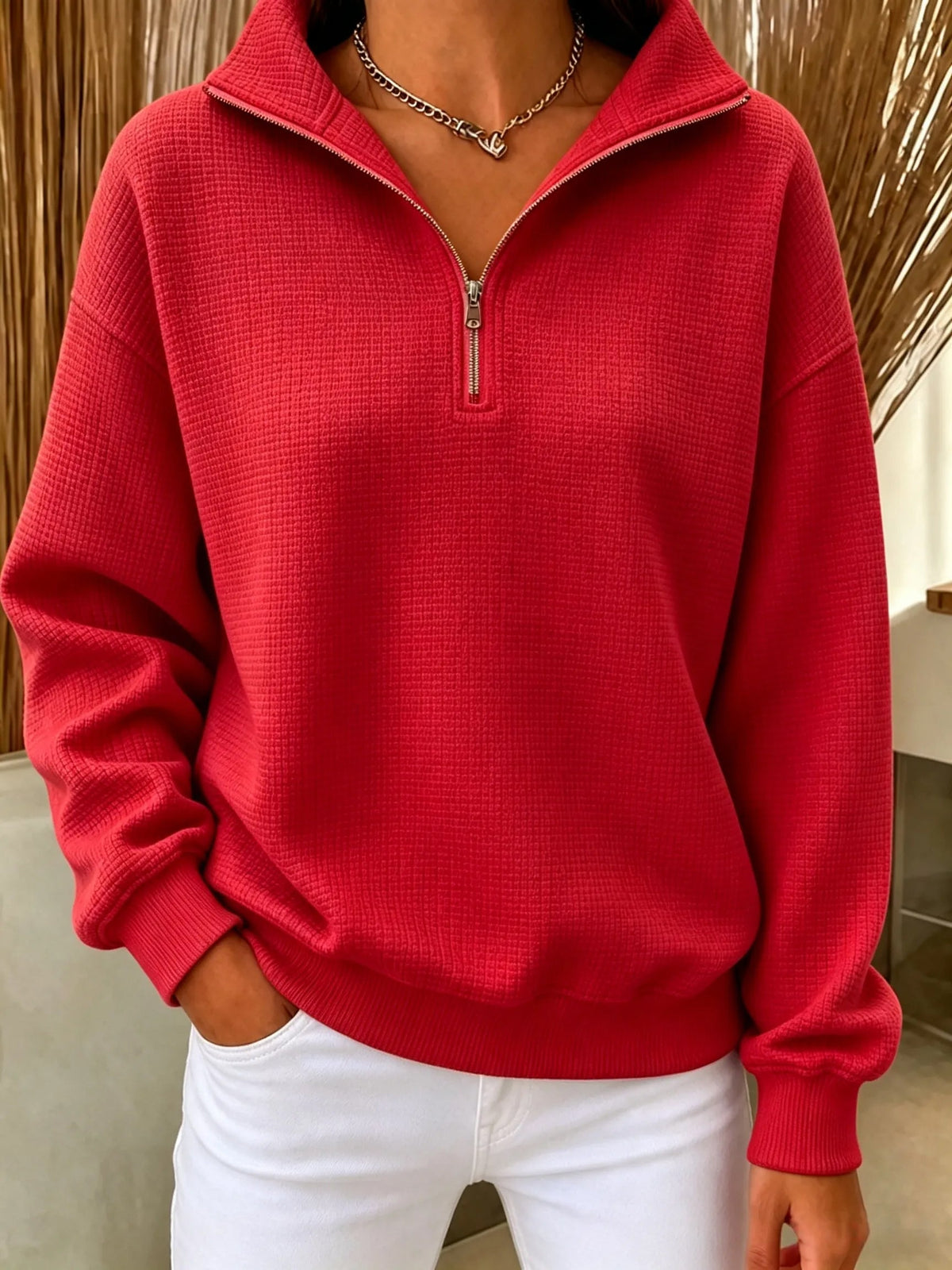 Waffle-knit zip-up sweatshirt