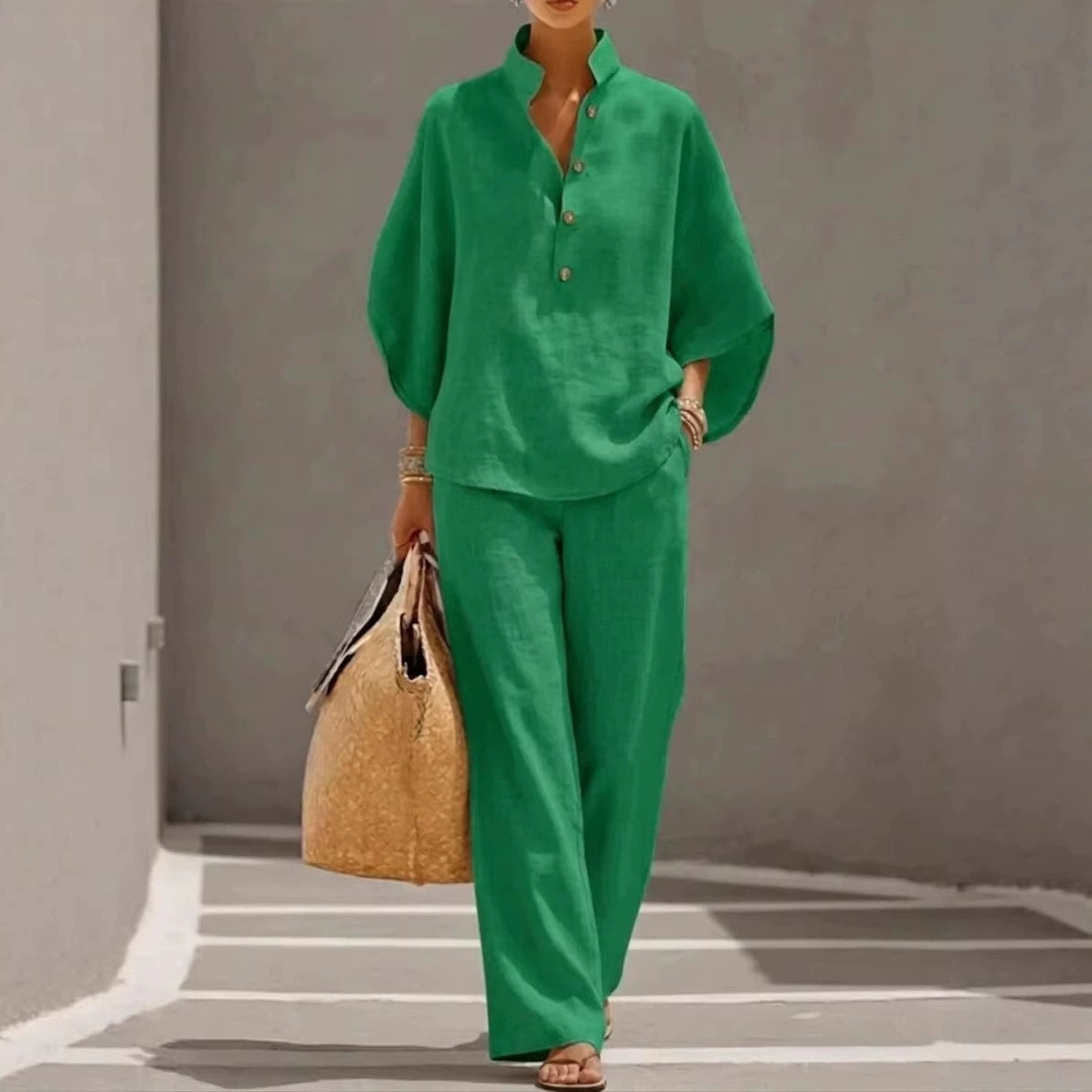 Women's linen V-neck two-piece set