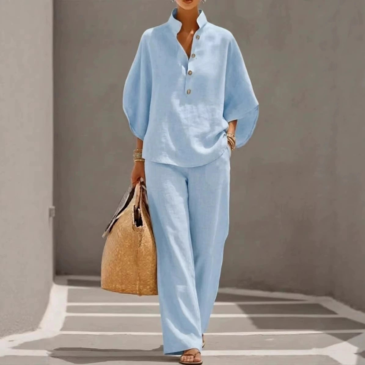 Women's linen V-neck two-piece set