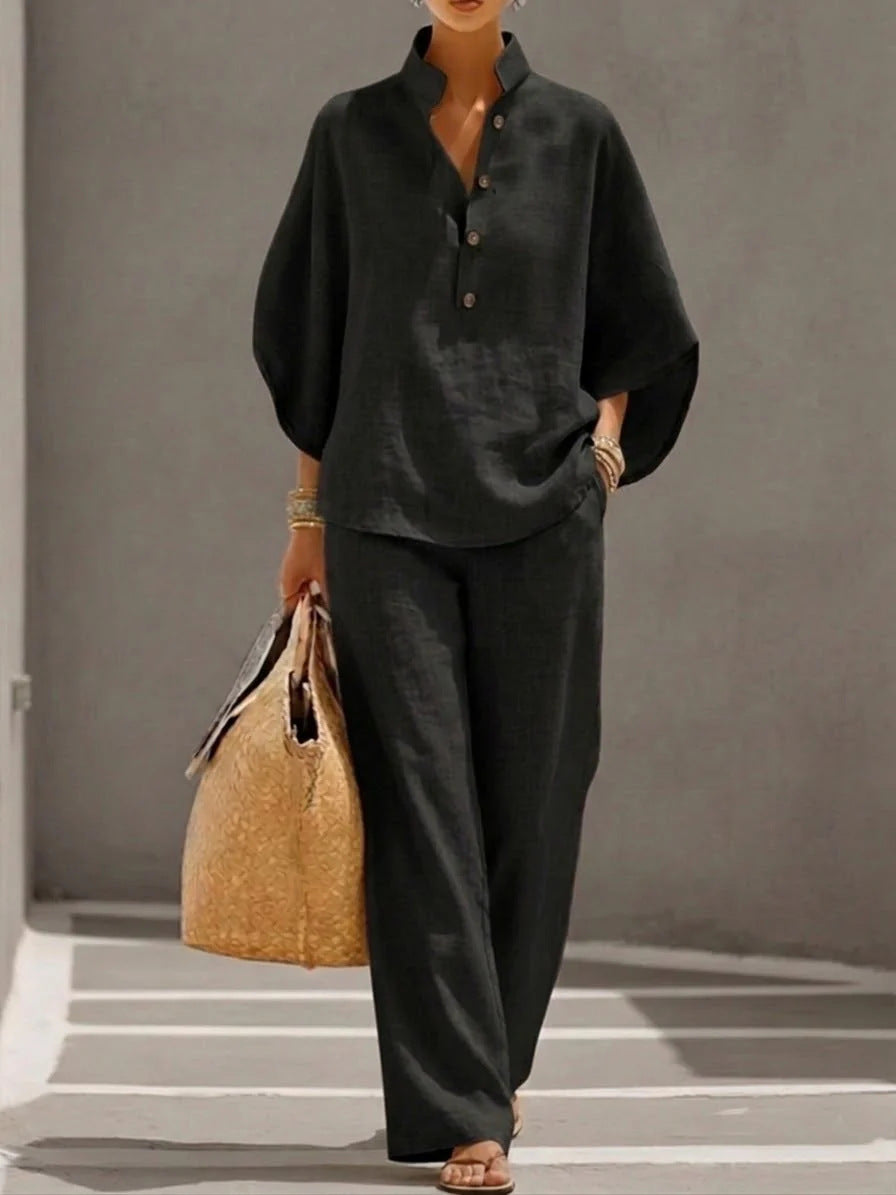 Women's linen V-neck two-piece set