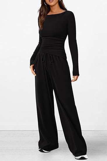 Autumn casual suit, asymmetrical long-sleeved T-shirt, wide-leg pants, casual sportswear