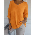 Casual Sweater Basic Slimming V-neck Three-quarter Sleeve Solid Color Knit Sweater