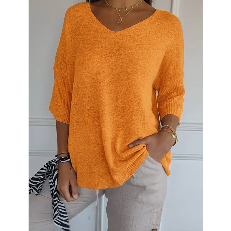 Casual Sweater Basic Slimming V-neck Three-quarter Sleeve Solid Color Knit Sweater