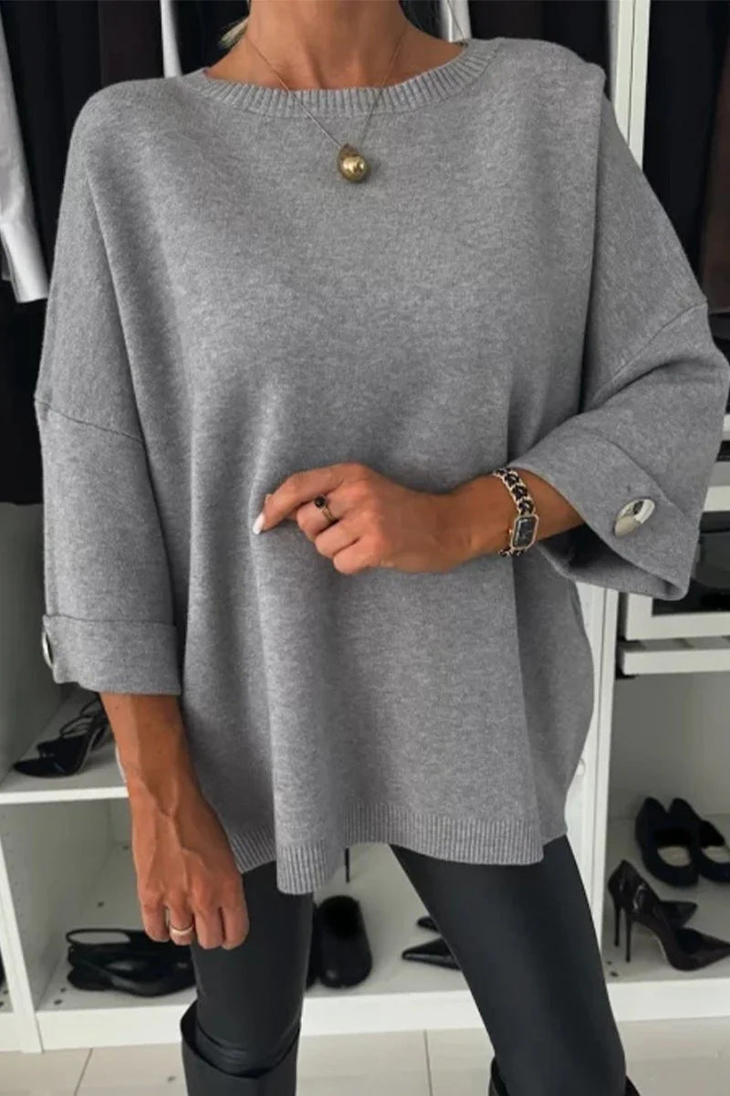 Solid color round neck mid-sleeve knitted casual top sweater