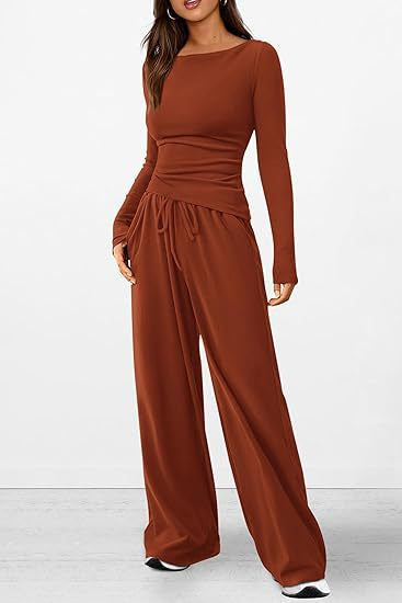 Autumn casual suit, asymmetrical long-sleeved T-shirt, wide-leg pants, casual sportswear