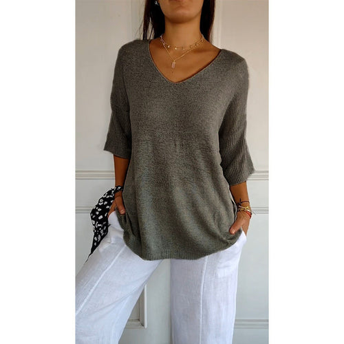 Casual Sweater Basic Slimming V-neck Three-quarter Sleeve Solid Color Knit Sweater