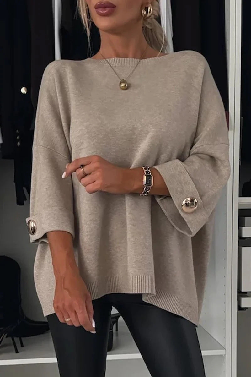 Solid color round neck mid-sleeve knitted casual top sweater