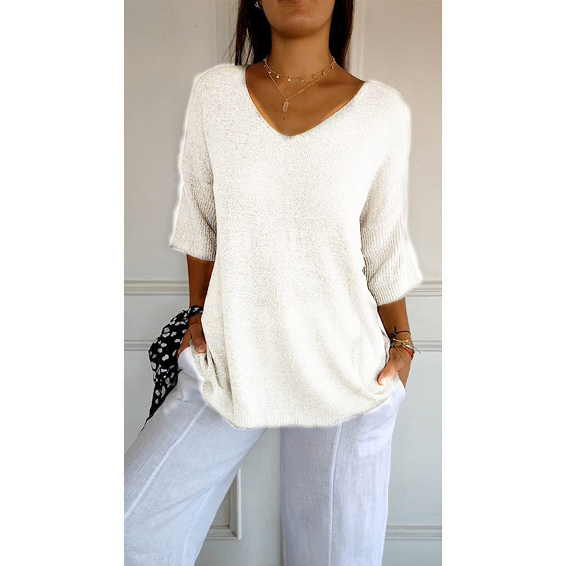 Casual Sweater Basic Slimming V-neck Three-quarter Sleeve Solid Color Knit Sweater