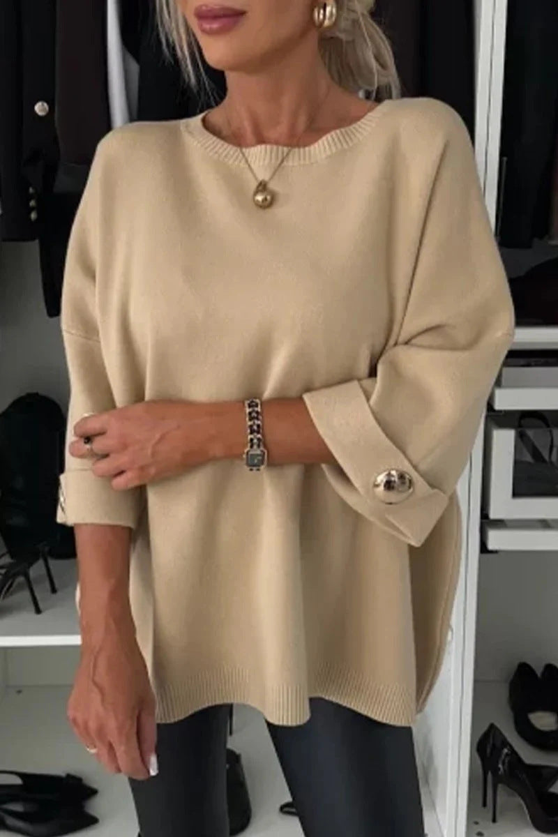 Solid color round neck mid-sleeve knitted casual top sweater
