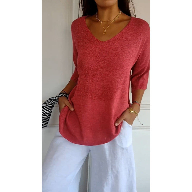 Casual Sweater Basic Slimming V-neck Three-quarter Sleeve Solid Color Knit Sweater