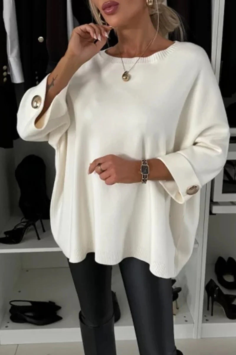 Solid color round neck mid-sleeve knitted casual top sweater