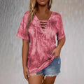 New women's tie-dye print drawstring casual fashion short-sleeved top