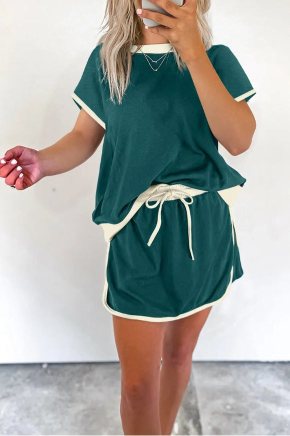 Women's color-blocked off-shoulder T-shirt and skirt set