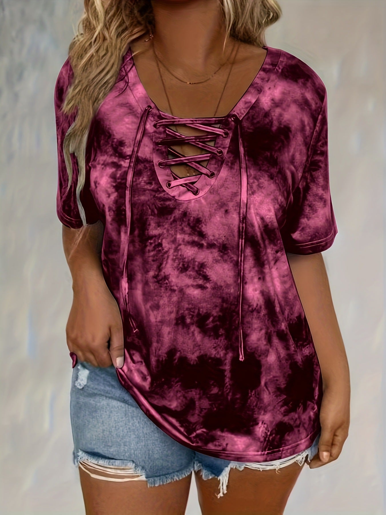New women's tie-dye print drawstring casual fashion short-sleeved top