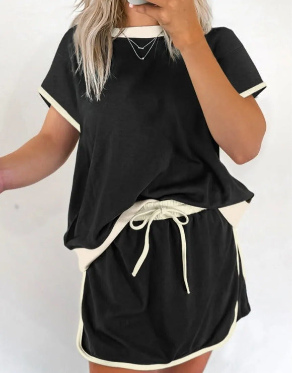 Women's color-blocked off-shoulder T-shirt and skirt set