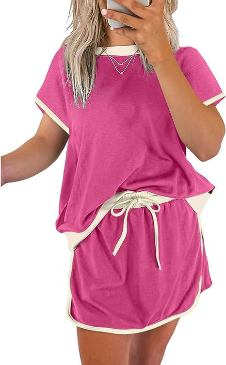 Women's color-blocked off-shoulder T-shirt and skirt set