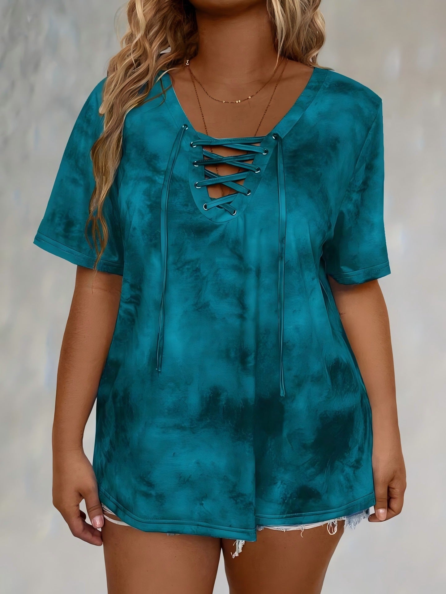 New women's tie-dye print drawstring casual fashion short-sleeved top