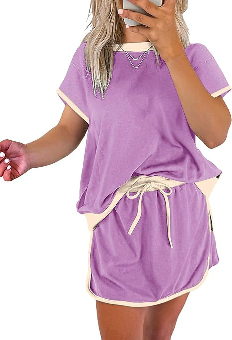 Women's color-blocked off-shoulder T-shirt and skirt set