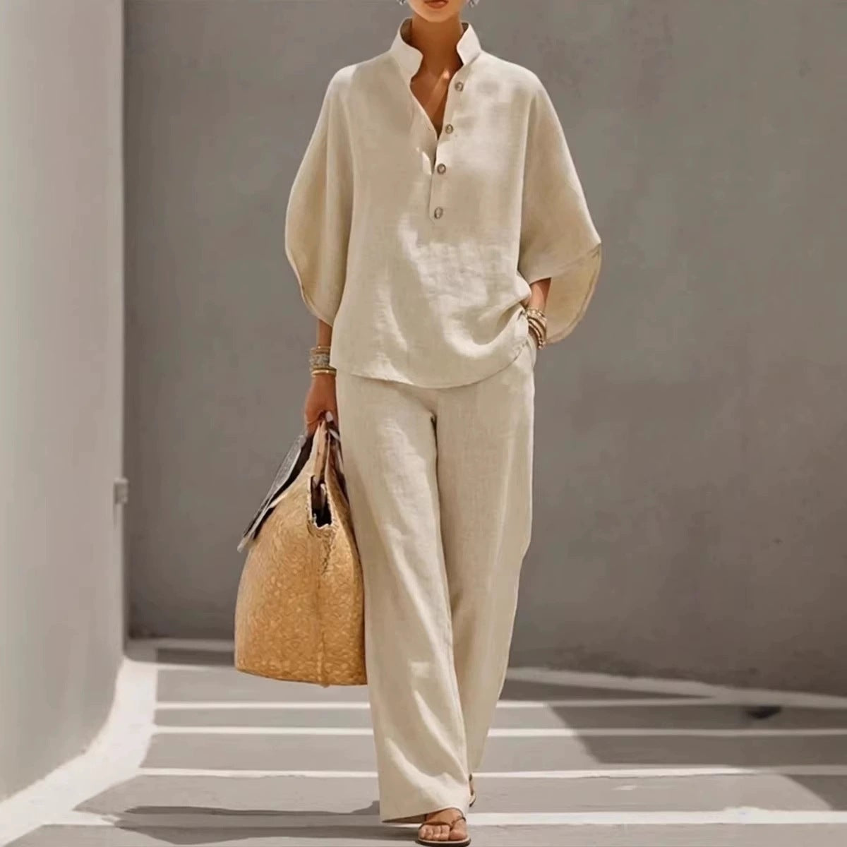 Women's linen V-neck two-piece set